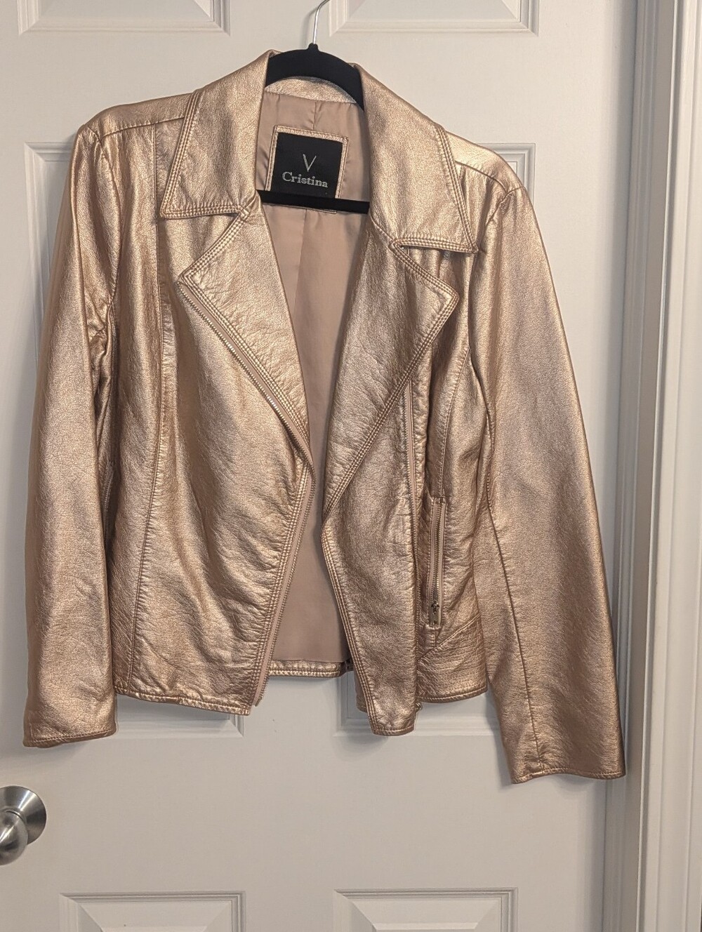 V Cristina Metallic Rose Gold Vegan Leather Moto Jacket